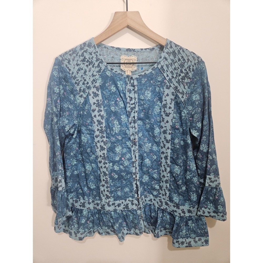LOGO by Lori Goldstein Blue Floral Cotton Pintuck Peplum Blouse Top Small